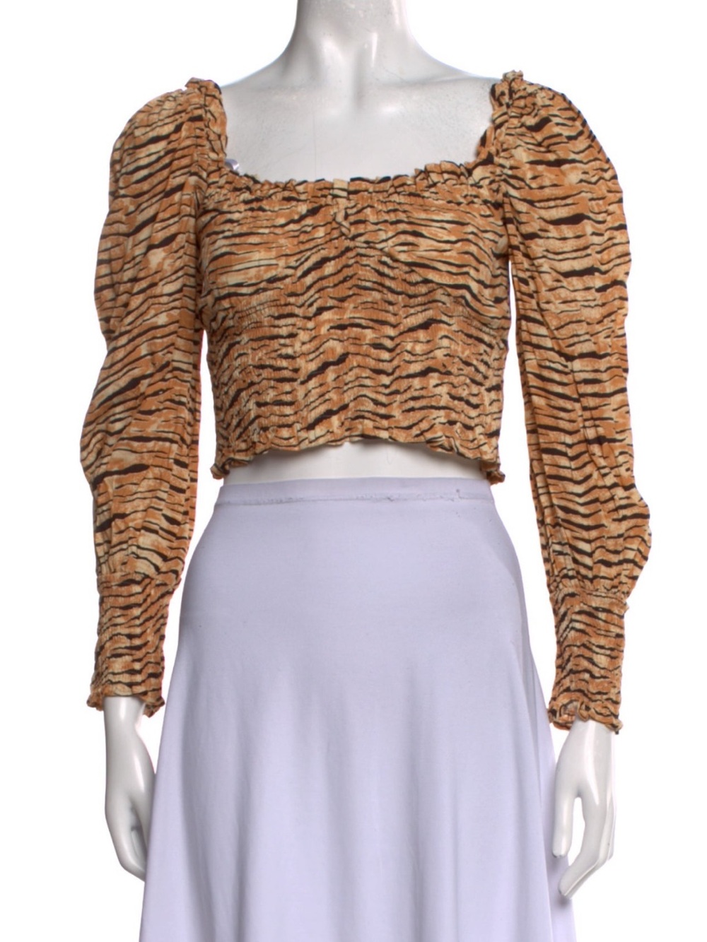NWT Faithfull the Brand Tiger-Print Smocked Puff-Sleeve Crop Top - Tan & Black